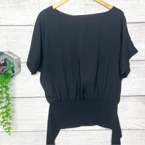 Ann Taylor Black Boatneck Dolman Sleeve Smocked Waist Tie Back Top Size Large thumbnail 6