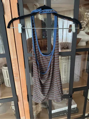 Princess Polly Sugar Talking Halter Top Multi Stripe brown scoop neck open back thumbnail 3