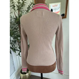 Maeve Anthropologie Ribbed Sweater Cardigan Tan Pink Stripe Collar XS LS thumbnail 3