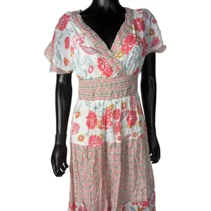 J GEE Womens Floral Smocked Waist Maxi Dress Pink White V-Neck‎ Boho Size S thumbnail 3