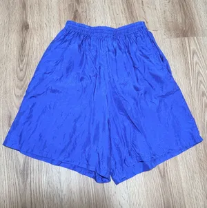 Vintage 90s Women's 100% Silk Shorts Cobalt Blue High Waisted Elastic Pockets M thumbnail 1