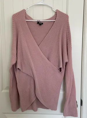 EUC Express women’s blush pink‎ ribbed knit wrap crossover sweater top medium thumbnail 1