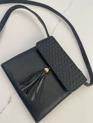 Vintage 80s-90s Faux Leather Black Small Crossbody Purse With Tassels thumbnail 1