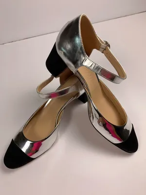 J.Crew Maisie Womens 9.5 Silver Leather Mary Jane Block Heel Black Cap Toe Shoes thumbnail 15