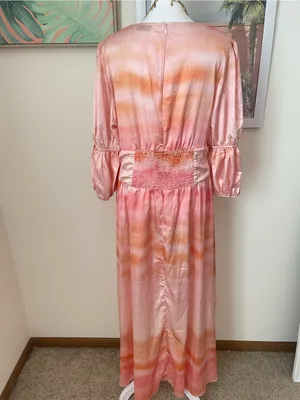 Petal & Pup Alton Pink Orange Dip Tie Dye Puff Sleeve Satin Midi Dress Size XL thumbnail 11