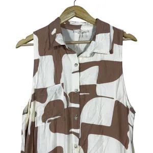 Entro Abstract Geometric Sleeveless Button Front Midi Shirt Dress Brown Size L thumbnail 2
