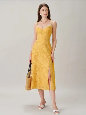 Rihoas Yellow X Cross Jacquard Slip Midi Dress thumbnail 4