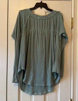Free People Must Have Thermal Ribbed Relaxed Henley Top in Bright Aqua Size Med thumbnail 3
