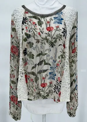 Loyd/Ford Plam Spring Women's Long-Sleeve Lace Floral Sheer Blouse Size L thumbnail 1