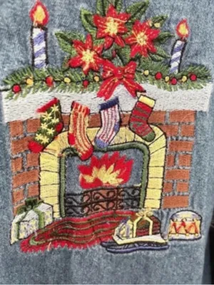 Vintage 90s Ugly Christmas Embroidered Denim Holiday Shirt Velvet Collar thumbnail 8
