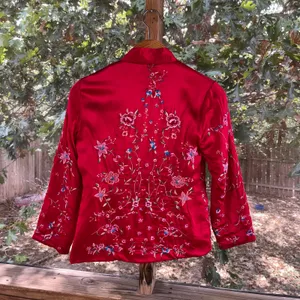 Women's Red Embroidered Asian Satin Jacket Size S thumbnail 2