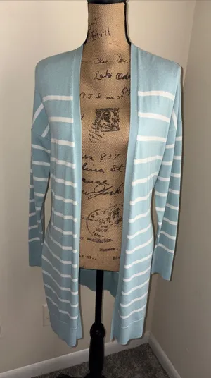 A New Day Light Blue & White Striped Open-Front Women’s Cardigan thumbnail 1