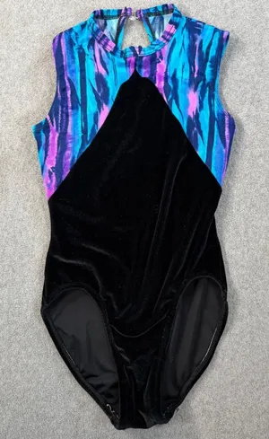 Major Motion Dancewear Leotard Petite Adult Black Velvet Blue Purple Striped VTG thumbnail 1