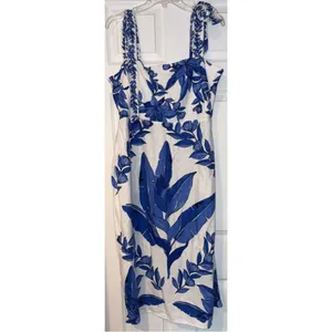 Calypso St Barth Linen Blend Smocked Back‎ Midi Dress Blue White Tropical Size S thumbnail 12