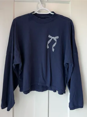 Aerie Navy Blue Bow-Print Oversized Long Sleeve Top Size Medium thumbnail 4
