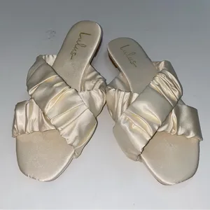 Lulus Dallyce Ivory White Satin Ruched Cross Slide Sandals 7.5 thumbnail 2