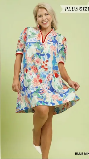 New! Umgee Jacquard Bloomscape Print Mini Dress Size 2X thumbnail 1