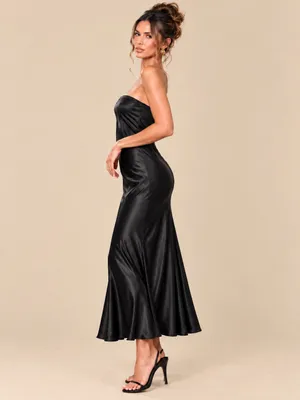 Renee C. Black Draped Satin Strapless Flowy Midi Dress Elegant Size Small Party thumbnail 3