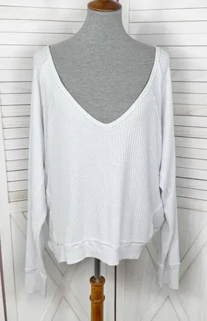 Free People Santa Clara Thermal Oversized Slouchy Top‎ Medium Blue White thumbnail 1