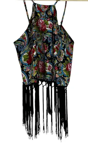 Cotton Candy Floral Paisley Halter Crop Top Multicolor Boho Fringe Size S thumbnail 1