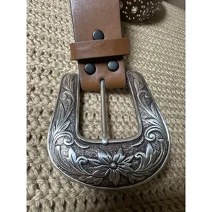 Western Brown Leather Rhinestone Studded Belt Medium Floral Engraved Buckle thumbnail 2