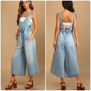 FREE PEOPLE Alora Denim Wide Leg Culotte Tieback Jumpsuit Light Wash Size XS thumbnail 2