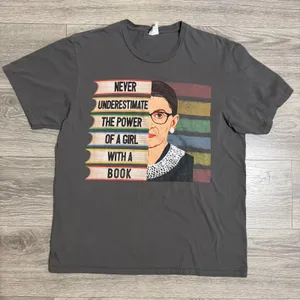 100% Cotton RBG Never Underestimate A Girl With A Book Graphic Tee Gray‎ L thumbnail 1