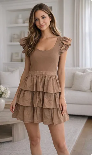 Rachel Parcell Brown Ribbed Ruffle Tiered Mini Dress thumbnail 1