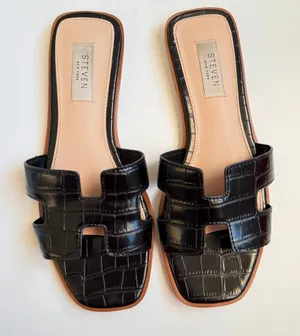Steve Madden Haydn Hanna Leather Flat Slide Sandals Black Croc Slip On Size 7.5 thumbnail 1
