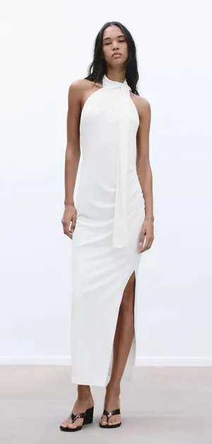 Zara White Halter Maxi Dress wedding party evening coctail fitted bodycon thumbnail 12