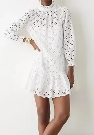 NWT J. Crew Ruffle Neck Mini Dress in White Eyelet thumbnail 1
