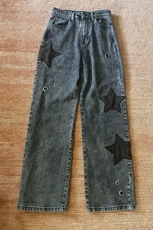 Daisy Street Star Patch Wide Leg Jeans Black Wash Grommet Detail Size US 3 thumbnail 1