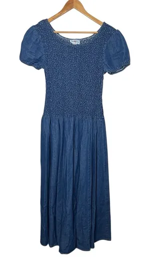 Vintage 90s Smocked Puff Sleeve Drop Waist Pleated Denim Maxi Dress thumbnail 1