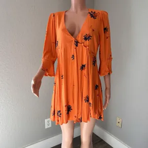Free People Mini Dress Surplice Wrap Floral Boho Hippie Peasant Orange Bell Sz M thumbnail 12
