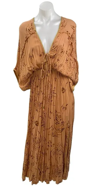 Z&L Tan Long Dolman Sleeve V Neck Pleated Open Back Blouson Maxi Dress Size S thumbnail 1