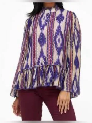 Oliphant Silk & Cotton Purple Ikat Ruffle Hem Long-Sleeve Top Size Large💜 thumbnail 1