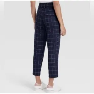 A New Day plaid Tapered crop Pants High Rise Size 14 Navy Blue Belted NEW thumbnail 3