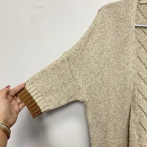 Democracy‎ Open Cardigan Women's XL Beige Gold Lurex Open Knit Sweater thumbnail 4