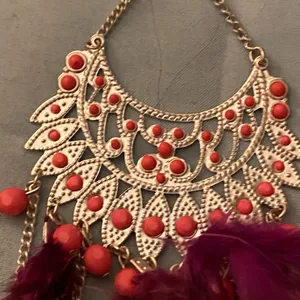 Pierced Dangle Earrings 6”H Silvertone Pink Beads Purple Feathers Boho Bohemian thumbnail 2
