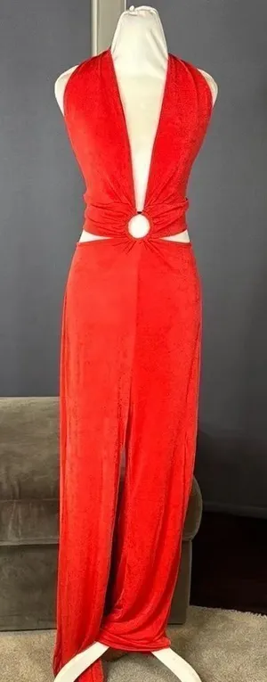 Women’s Red Deep V-Neck Halter Jumpsuit Ring Accent Wide Leg BodyCon Size L NEW thumbnail 1