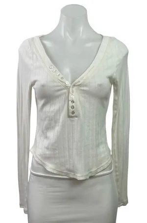 Free People Women's White Long Sleeve V Neck Rib Knit Henley T Shirt Tee Top S thumbnail 1