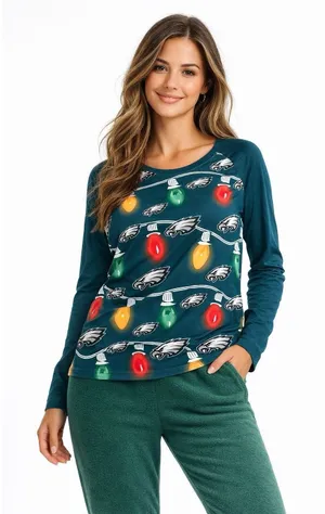NFL Philadelphia Eagles Christmas Lights Pajama Top Long Sleeve Size Medium thumbnail 1
