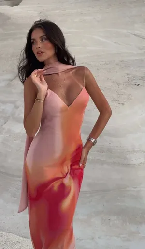Zara Elegant Pink and Orange Maxi Dress scarf evening party wedding thumbnail 1