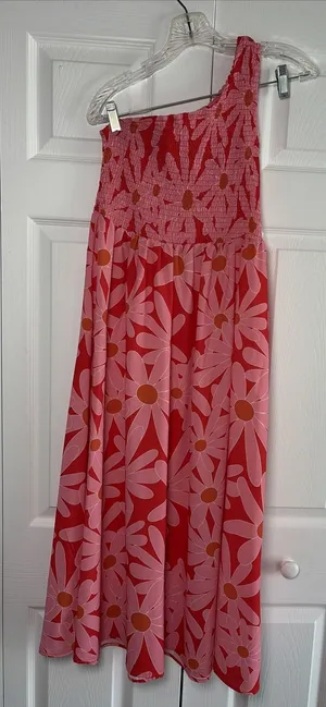 Anna Kaci One Shoulder Smocked Maxi Dress Womens Size Large Pink Red Floral thumbnail 1