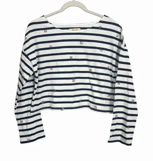 Madewell Sz S Navy Blue White Striped Cropped Top Cross Stitch Long Sleeve NWT thumbnail 1