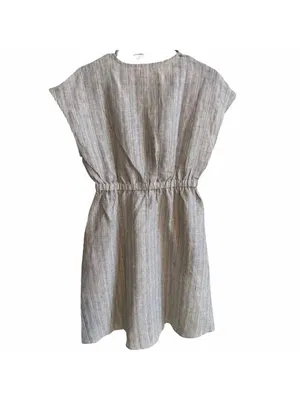 NWT LINTICO S Aria 100% Linen Striped V-Neck Elastic Waist Midi Dress Vacation thumbnail 2