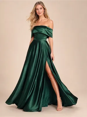 NEW Lulus Greatest Hits Forest Green Satin Off-the-Shoulder Maxi Dress Size XS thumbnail 2