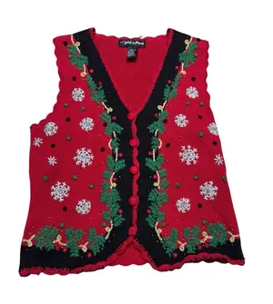 🎄 Vintage Embroidered Christmas‎ Sweater Vest Red Black M 🎄 thumbnail 1