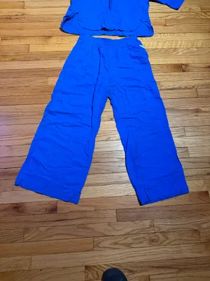 Zara Linen Matching set button shirt Coord wide pant drawstring lounge blue M thumbnail 4