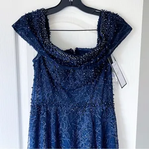 Alexander By‎ Daymor Beaded Gown Maxi Slit Dress Wedding Off-Shoulder Navy 6 NWT thumbnail 4